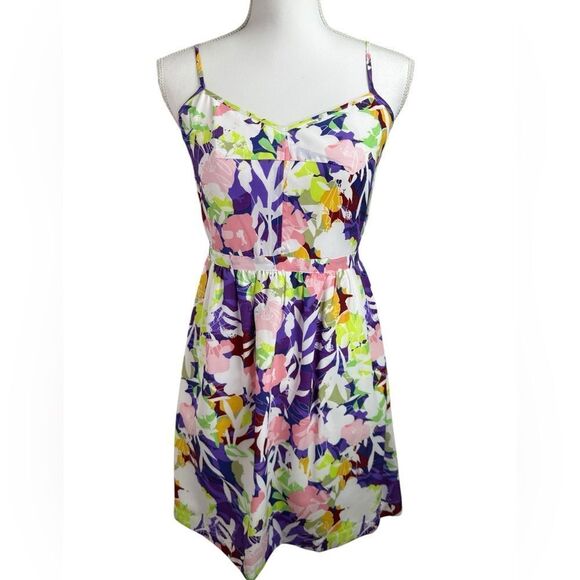 J Crew Outlet Seaside Cami Dress Size 4 White Purple Abstract Floral Casual - Picture 1 of 13